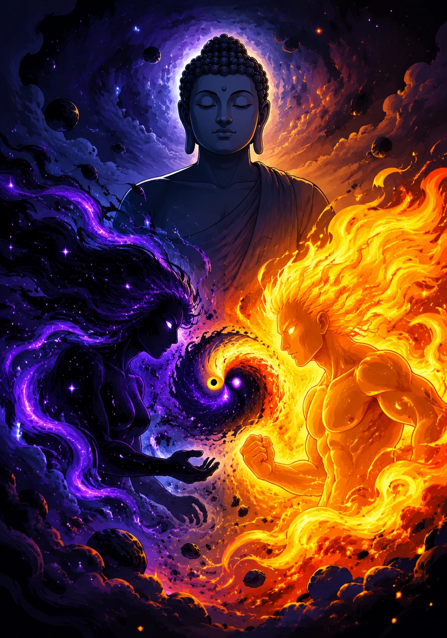 Within the endless stillness of Bhudda, two primal forces began to stir and wake. Yin was the silent, deep breath of the void, while Yang was the radiant, fierce spark of motion demanding to exist.