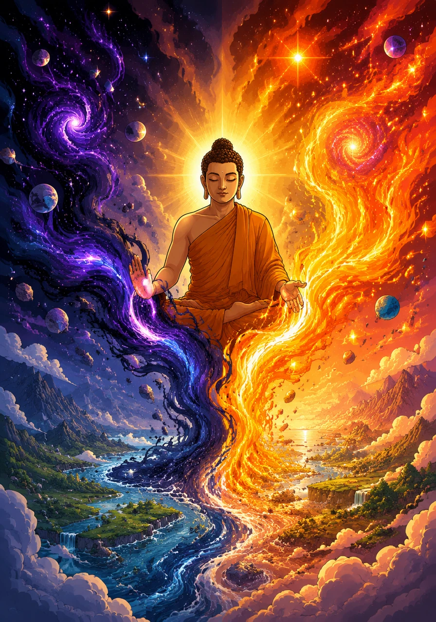 When Bhudda chose to separate these forces, existence was born in a magnificent burst of cosmic creation. Yin spread outward to form the foundation of all things, while Yang ignited the void with the first fire of the stars.