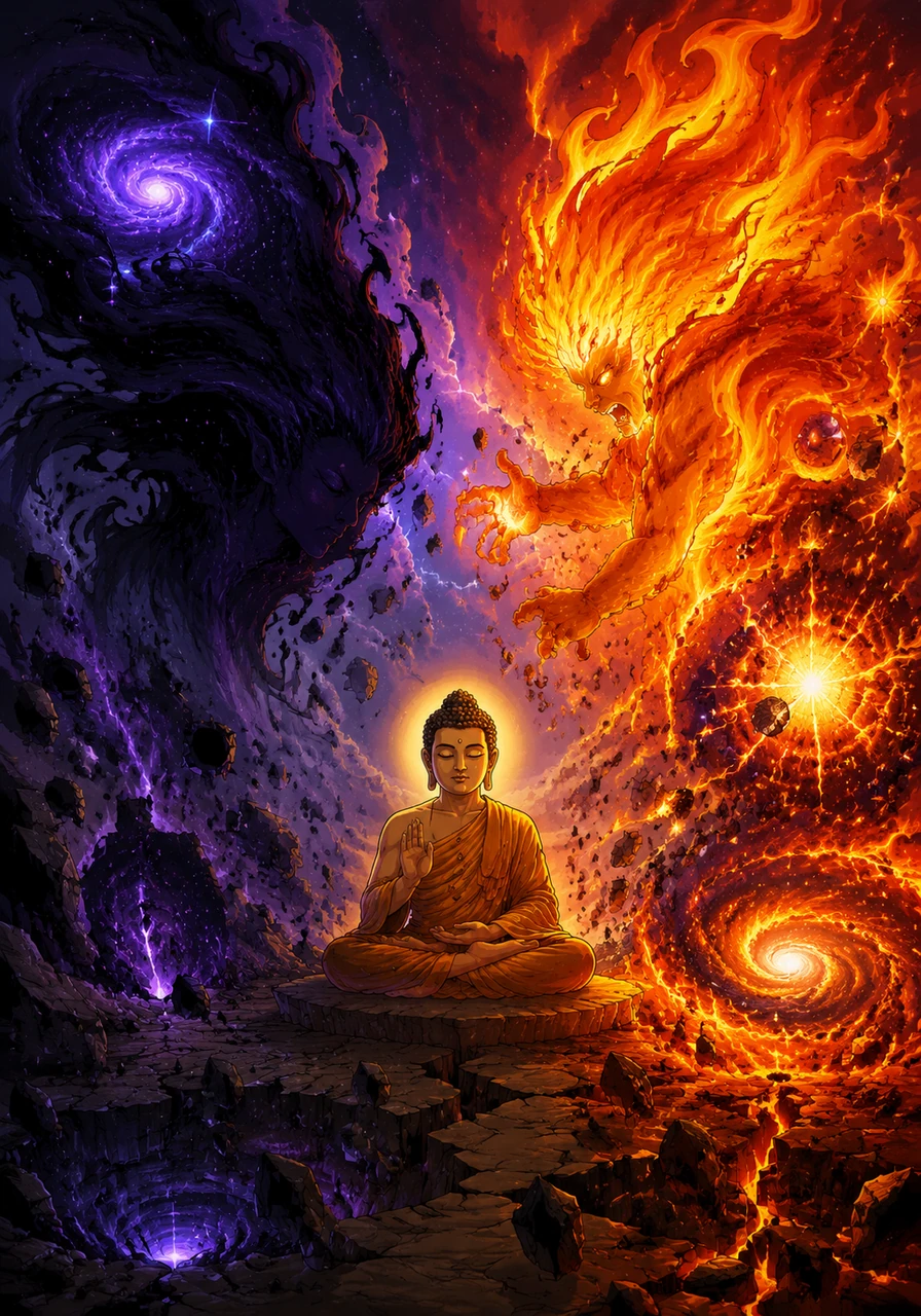 As the universe expanded, the harmony between the flames began to fracture into dangerous instability. Yang grew wild and violent, birthing unchecked creation, while Yin pulled inward into silent collapse, threatening the fabric of reality.
