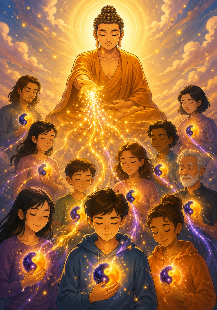 To guide this imbalance, Bhudda scattered fragments of divine essence into the newly forming hearts of humanity. Within every person lived Yin, Yang, and a tiny, sleeping spark of Bhudda’s own eternal stillness.