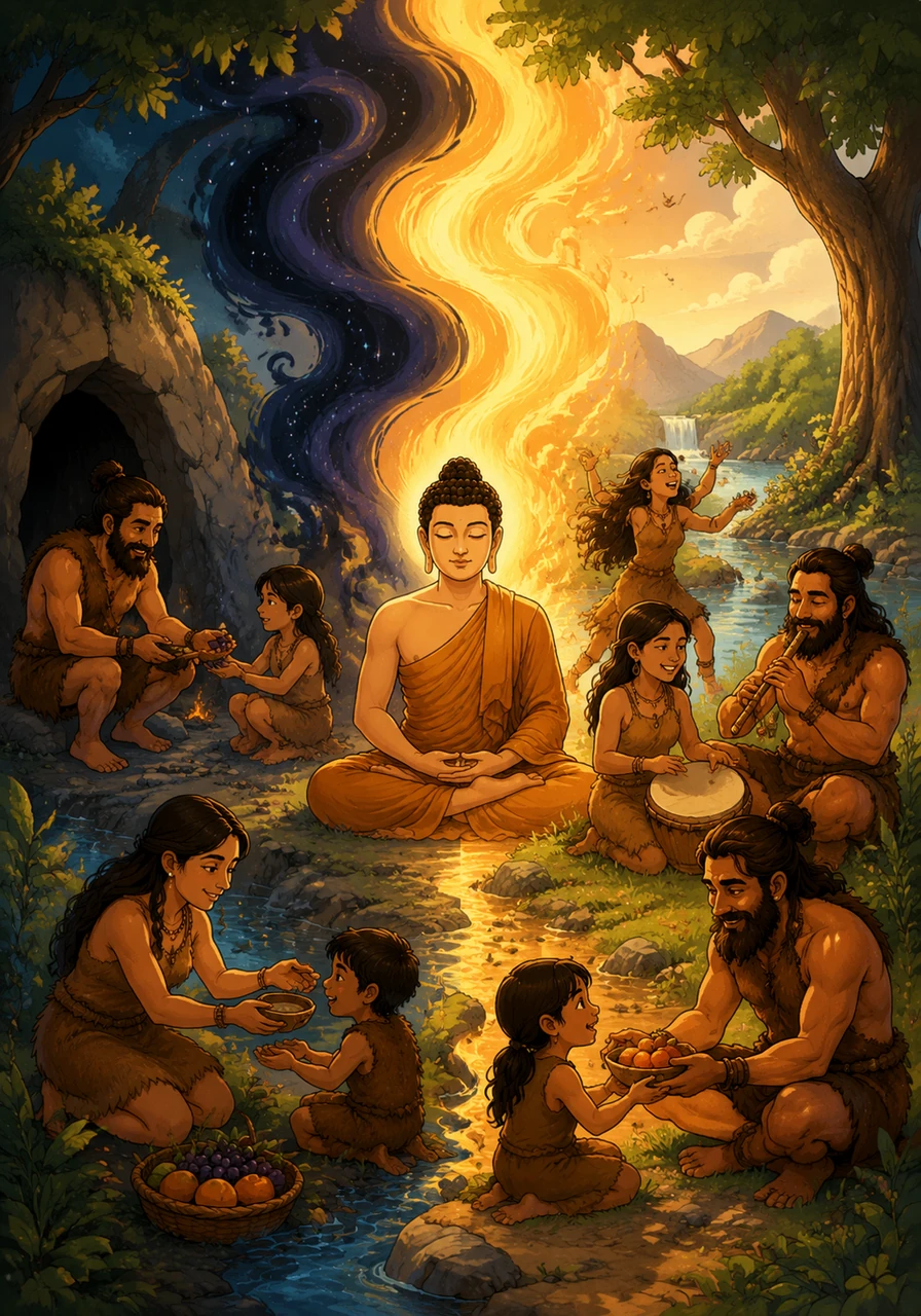 Early humans lived in quiet harmony, feeling the rhythm of balance without the need to name or define it. Their lives flowed naturally between silence and expression, taking and giving in a perfect, wordless cycle of existence.
