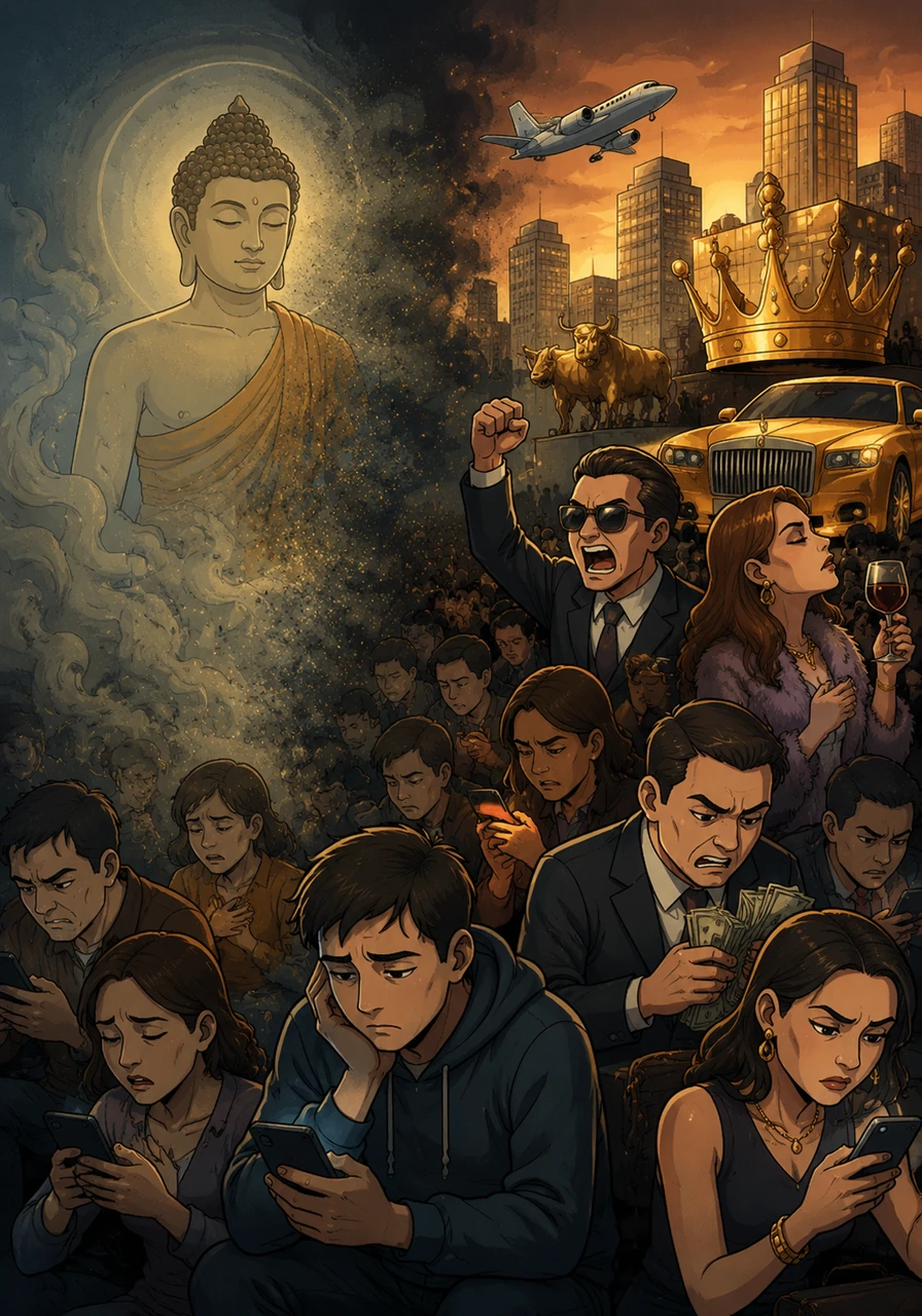 In this age of forgetting, humanity lost sight of their divine connection and began to feel alone and incomplete. The subtle presence of Bhudda faded into silence, drowned out by the noise of material wants and the hunger for power.