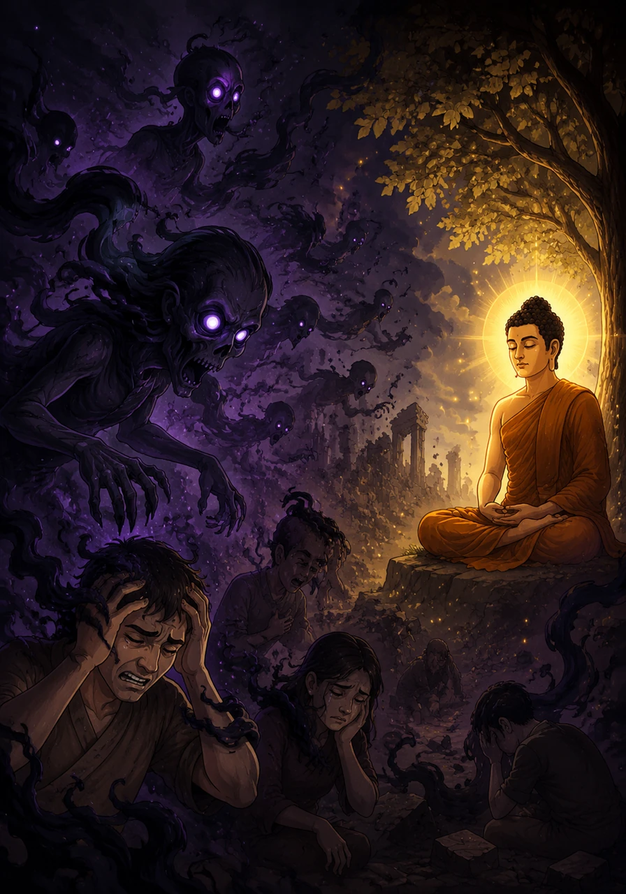 From the misuse of these sacred energies, formless entities born of fear and grief began to emerge from the darkness. These spirits fed on human imbalance, whispering to the weary and eroding the world from within, waiting for someone to remember the truth.