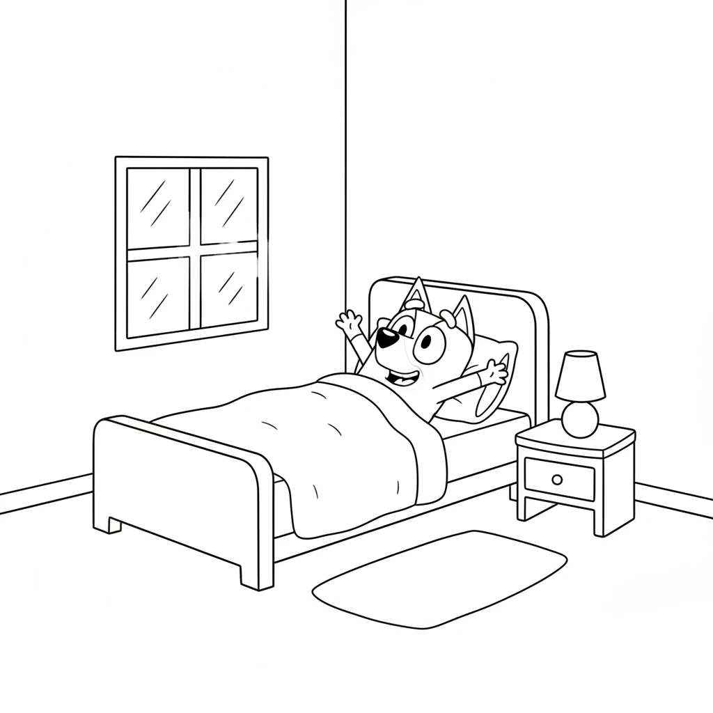 Bluey, a small, round creature with a happy smile, stretched wide in her cozy little bed. Sunlight peeked through her window, promising a beautiful new day. She was excited for whatever fun awaited her outside.