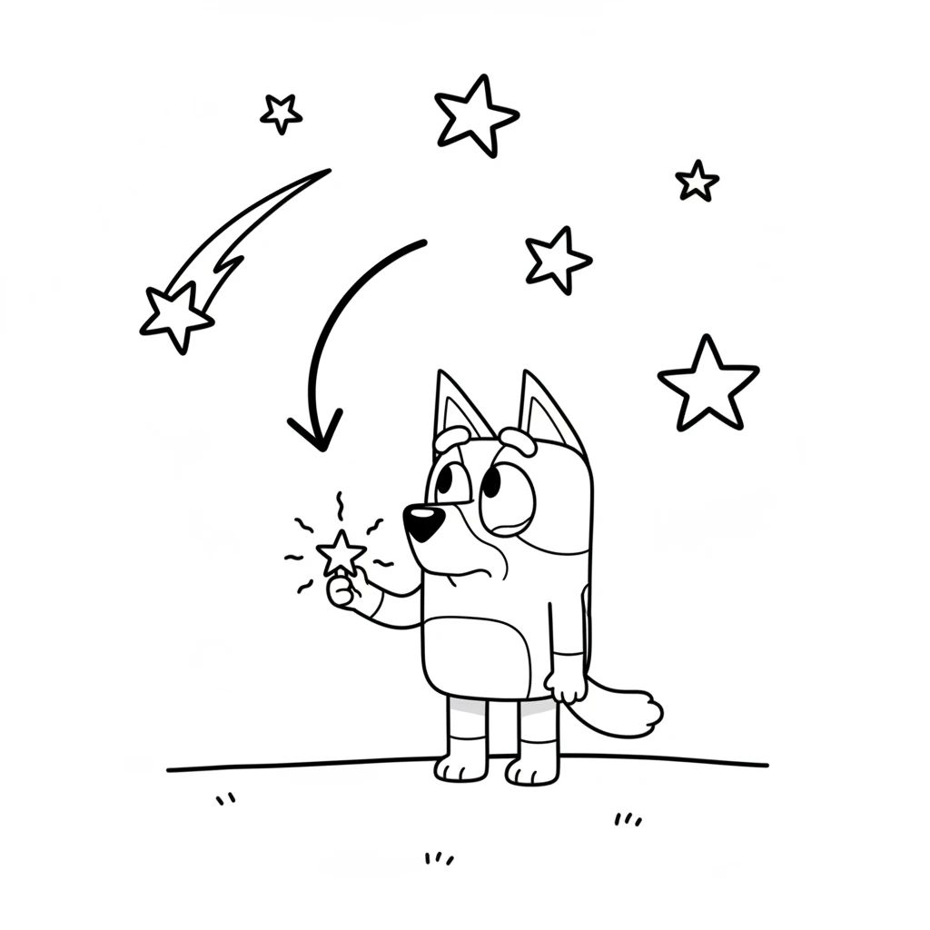 The tiny star shimmered sadly in Bluey's paw. Bluey knew she had to help it get back home. She decided right then that she would take the star back to the big, dark sky where it belonged.