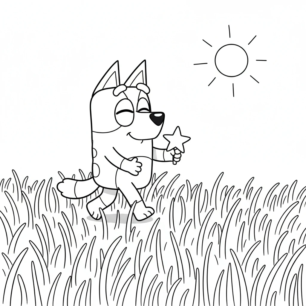 Bluey began her journey, carefully carrying the little star through a field of tall, swaying grass. The sun warmed her fur as she walked, feeling very important on her special mission. She hummed a happy tune as she went.