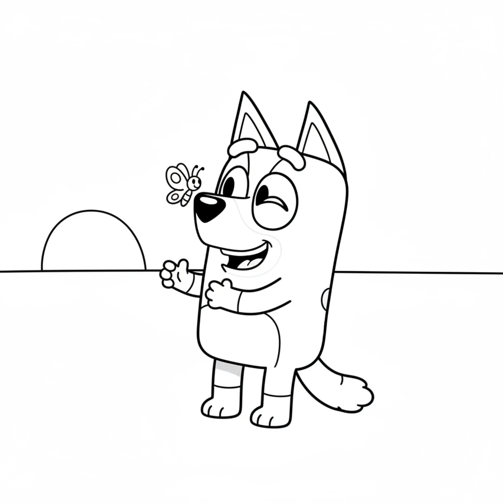 Suddenly, a friendly butterfly fluttered down and landed on Bluey's nose. Bluey giggled as the butterfly pointed a tiny wing towards a tall, round hill in the distance. Bluey knew that must be the way!