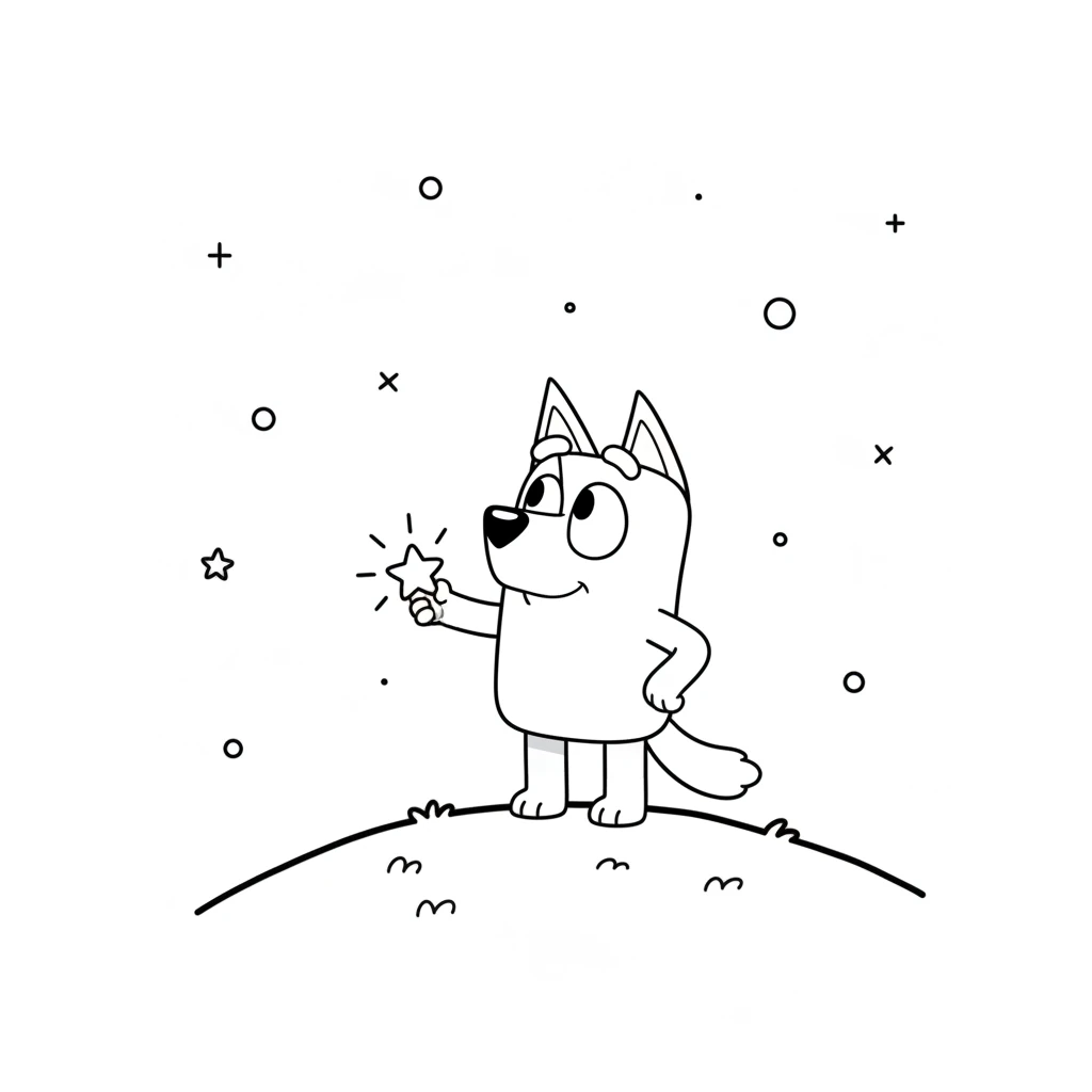 Finally, Bluey reached the very top of the hill. She looked up at the vast, darkening sky, where the first few stars were beginning to twinkle. The little star in her paw pulsed with excitement.