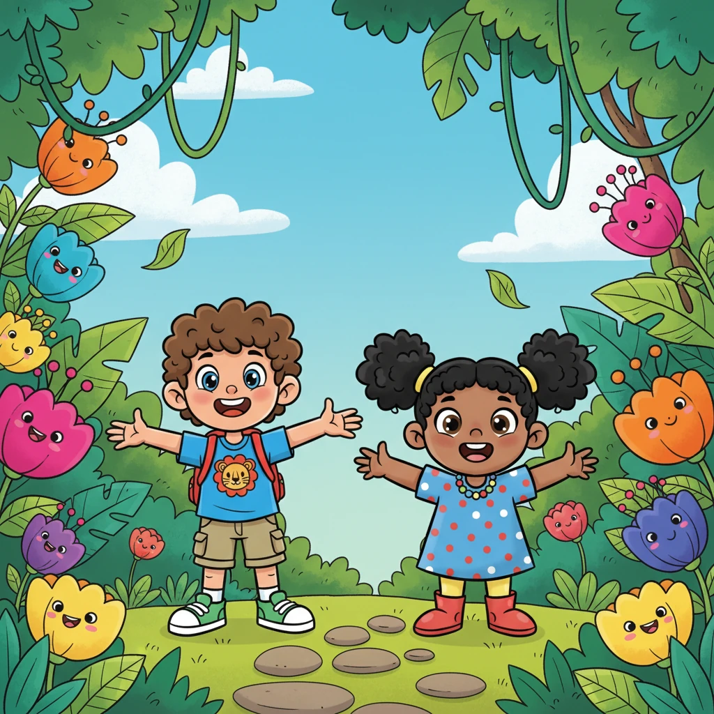 Noven and Winni stood at the edge of the Whispering Jungle, their eyes wide with excitement. Giant, friendly leaves waved hello, and colorful flowers bloomed in every shade imaginable. They couldn't wait to explore all the wonders hidden inside.