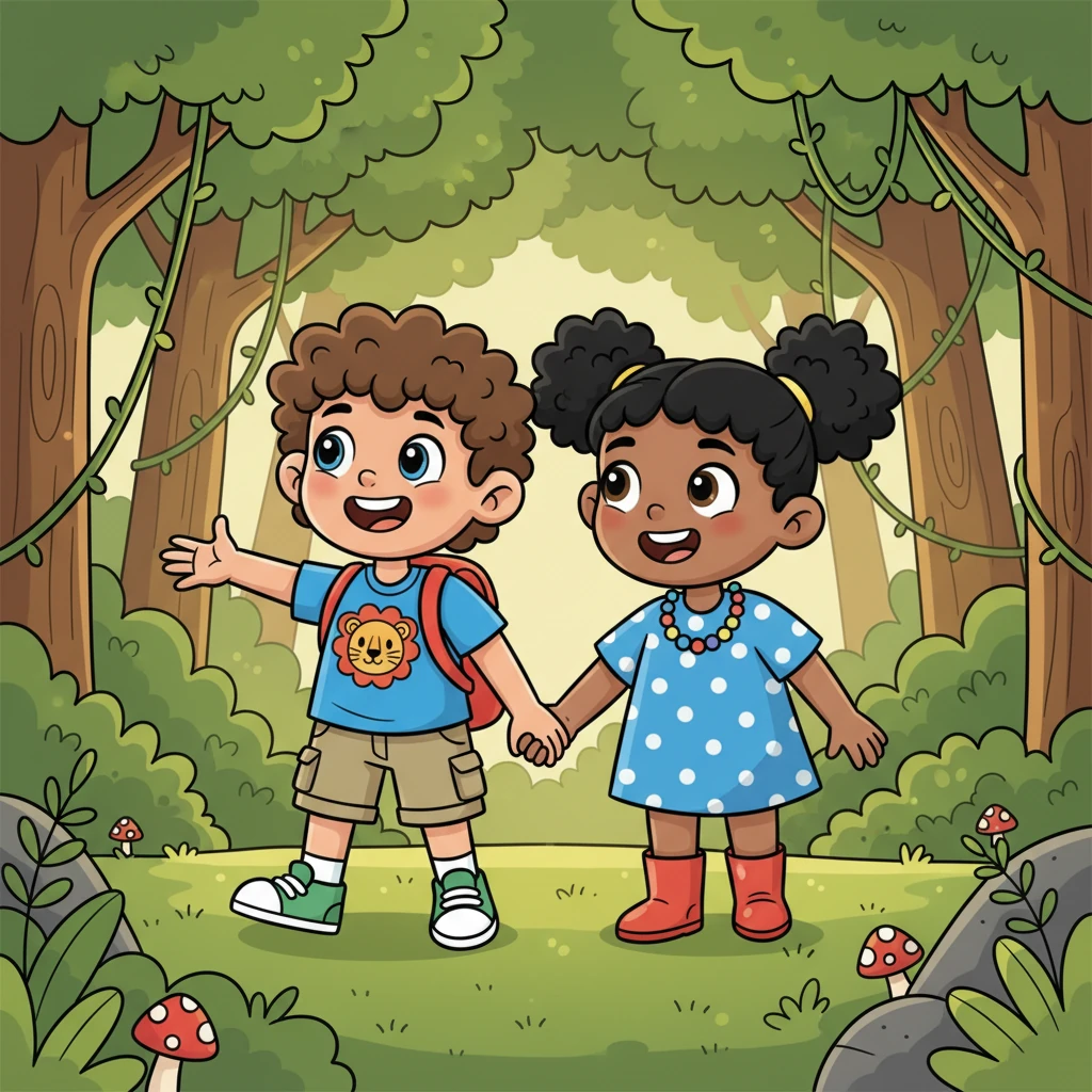 Hand in hand, they ventured deeper, their giggles echoing through the lush greenery. Vines hung like playful ropes, and the ground was a soft carpet of moss. Every step was a new discovery in this magical place.