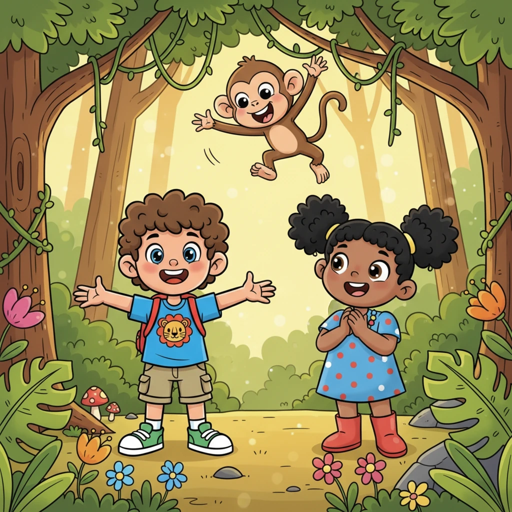 Suddenly, a mischievous little monkey with big, curious eyes swung down from a branch, chattering a happy greeting. It bounced up and down, inviting them to follow its playful lead. Noven and Winni laughed, delighted by their new friend.