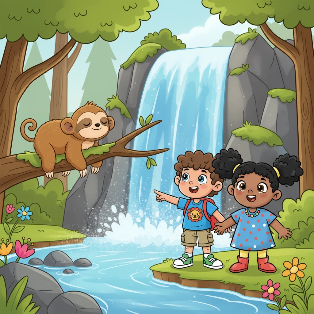 The monkey led them past towering trees and sparkling streams, until they arrived at a beautiful, gushing waterfall. Perched on a mossy branch nearby was a sleepy, gentle sloth, slowly blinking its sweet eyes. It looked incredibly soft and cuddly.