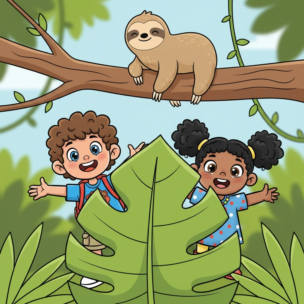 Noven and Winni gently waved hello to the sloth, playing a quiet game of peek-a-boo from behind a giant leaf. The sloth slowly tilted its head and gave a tiny, happy smile, enjoying their friendly game. It was a moment of pure, calm joy.