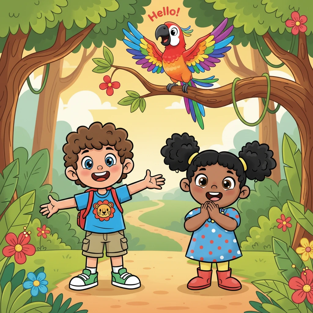 As they continued their journey, a magnificent parrot with feathers of every rainbow color flew down to greet them. It squawked a cheerful "Hello!" and did a little dance on its branch. The children were mesmerized by its vibrant beauty.