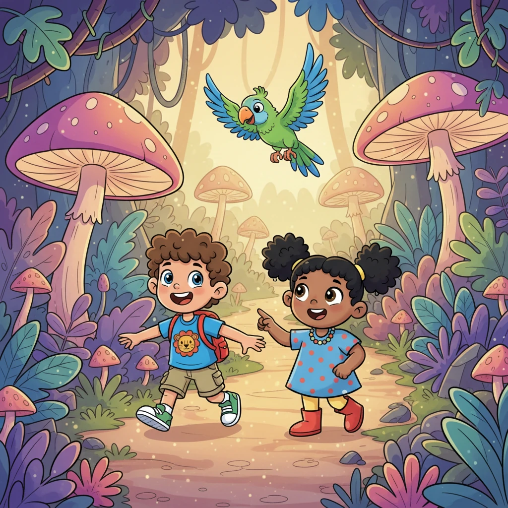 The clever parrot then soared ahead, guiding them down a secret path illuminated by glowing, soft mushrooms. The path sparkled with magic, making the jungle feel even more enchanted. Noven and Winni felt like true explorers.