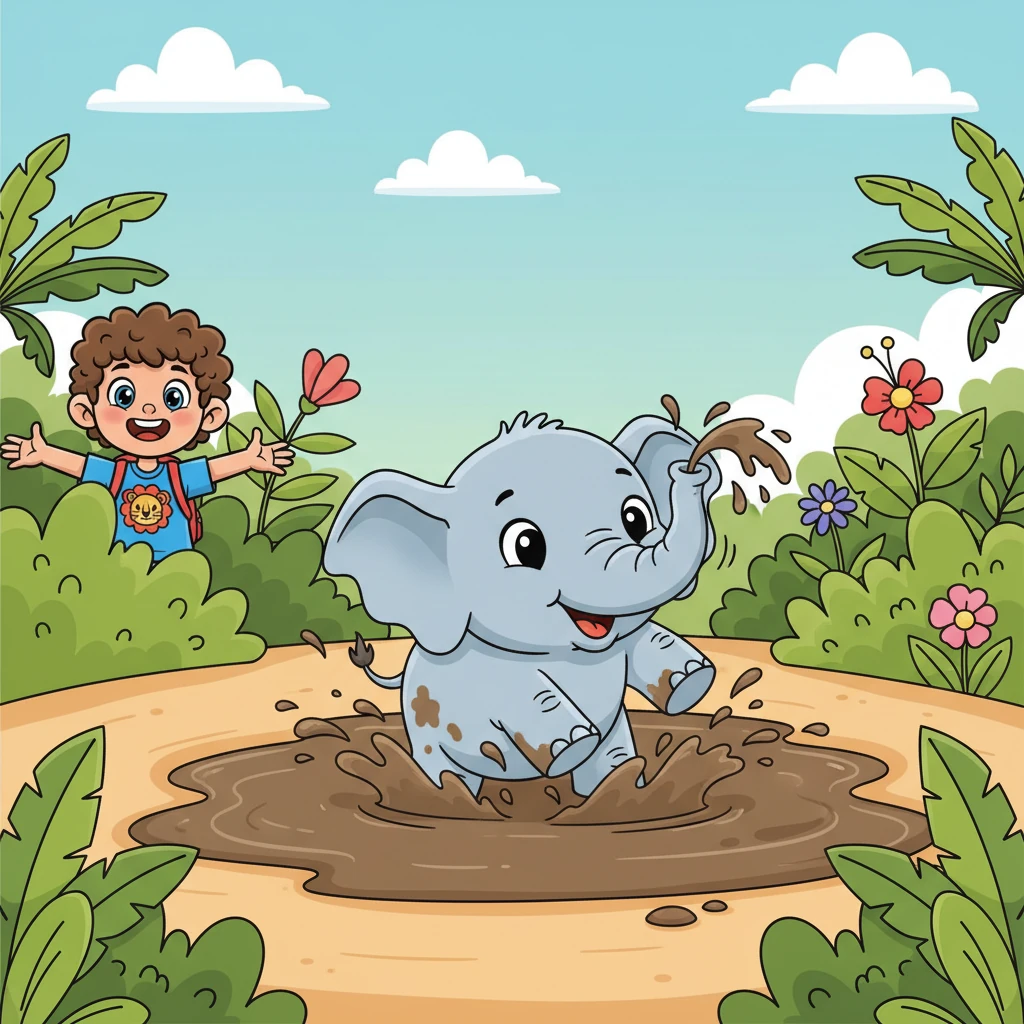 Around a bend, they spotted an adorable baby elephant splashing happily in a big, muddy puddle. Its trunk playfully squirted water, and it trumpeted an invitation for them to join the fun. The elephant looked very eager to play.