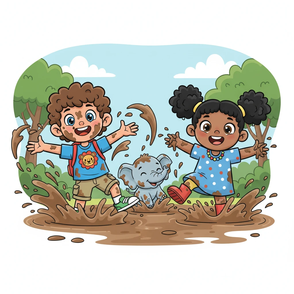 Without hesitation, Noven and Winni joined the baby elephant, splashing and giggling in the cool, muddy water. Mud flew everywhere, but they didn't care, their faces beaming with pure delight. It was the most fun they had all day.