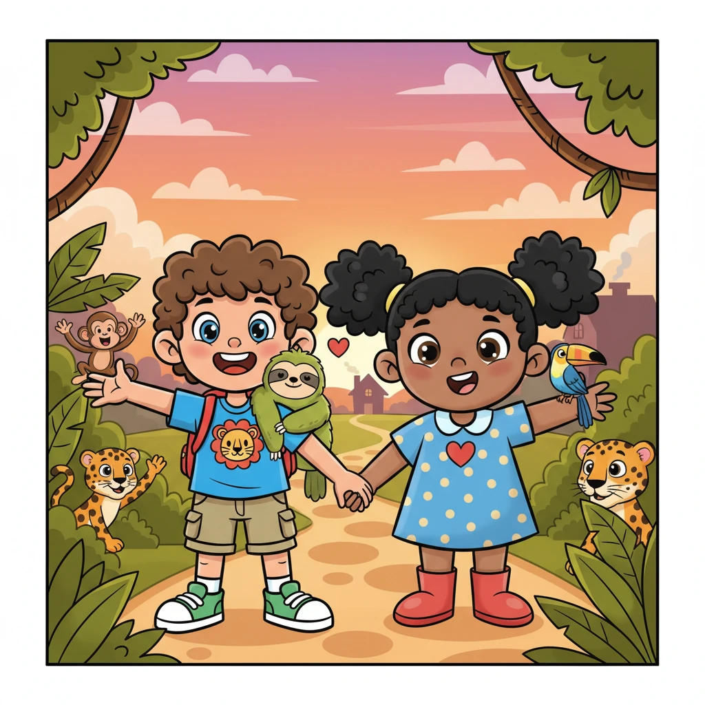 As the sun began to paint the sky with warm orange and pink, it was time to say goodbye. Noven and Winni hugged their new animal friends, promising to return for more adventures very soon. They walked home, their hearts full of jungle joy and wonderful memories.
