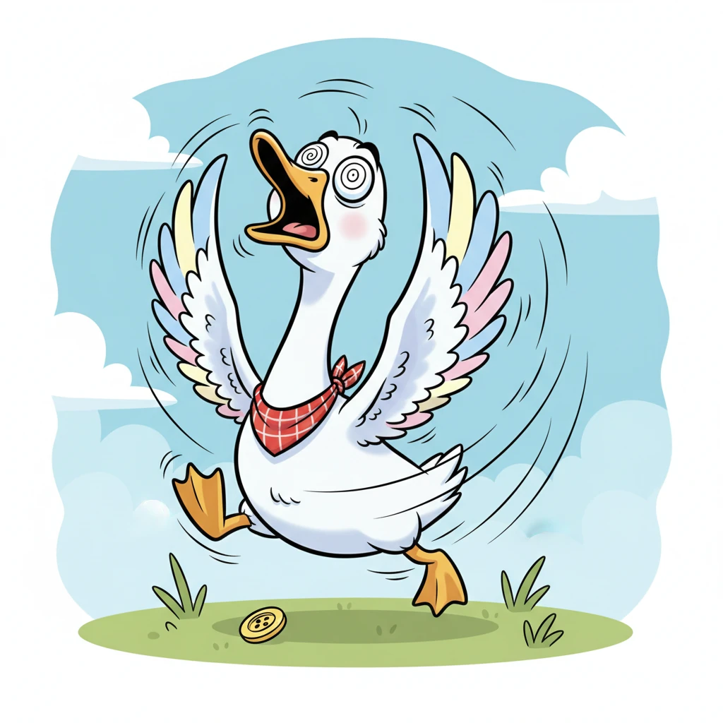 Goosey McCoy zoomed in circles, a whirlwind of white feathers and honks. Her wide eyes spun like pinwheels, and her long neck stretched and contracted with every frantic flap. She was absolutely convinced the sky was falling, or perhaps that her favorite shiny button had vanished forever.