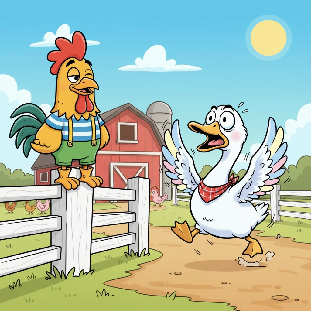 Rooster McGee, perched calmly on a fence post, watched the feathered frenzy with a gentle cluck. His bright red comb bobbed as he cleared his throat, trying to get Goosey's attention. He knew a thing or two about keeping a cool head, even when the barnyard got a little wild.