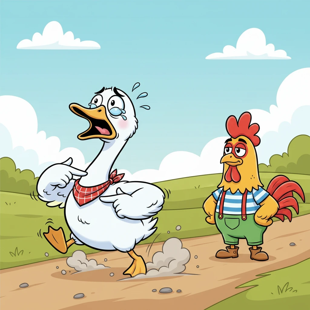 "You really must calm down!" Rooster McGee called out, his voice steady amidst Goosey's chaotic honking. "You're acting rather hysterically!" Goosey skidded to a halt, scattering dust, her beak trembling as she pointed a wing at her chest. "But my lucky button! It's gone, gone, gone!"