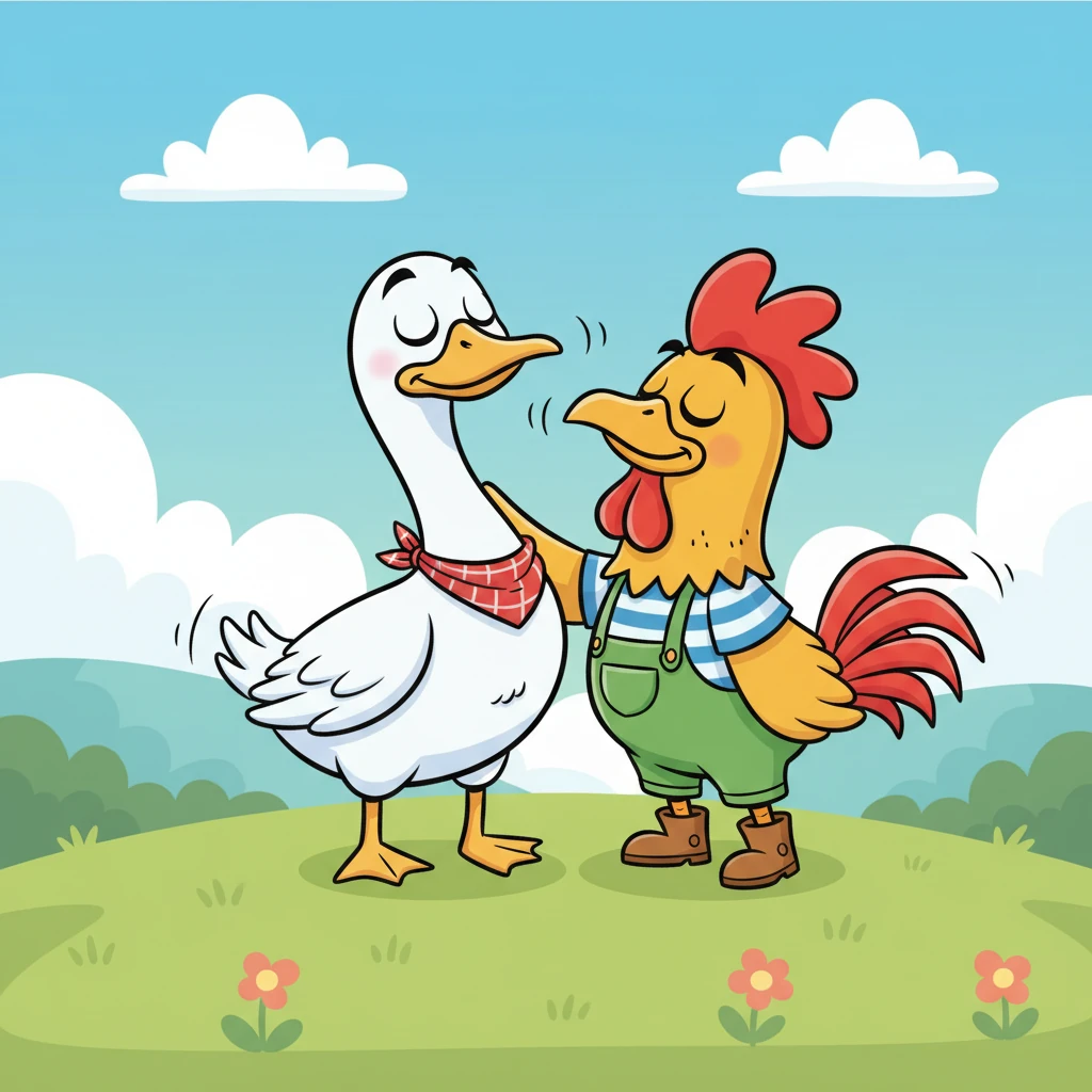 Rooster hopped down, his tail feathers swishing with an easy rhythm. He gently nudged Goosey with his beak. "Now, now, panicking won't make it reappear any faster, dear friend. Let's take a deep breath together, nice and slow." He demonstrated a big, calming inhale.