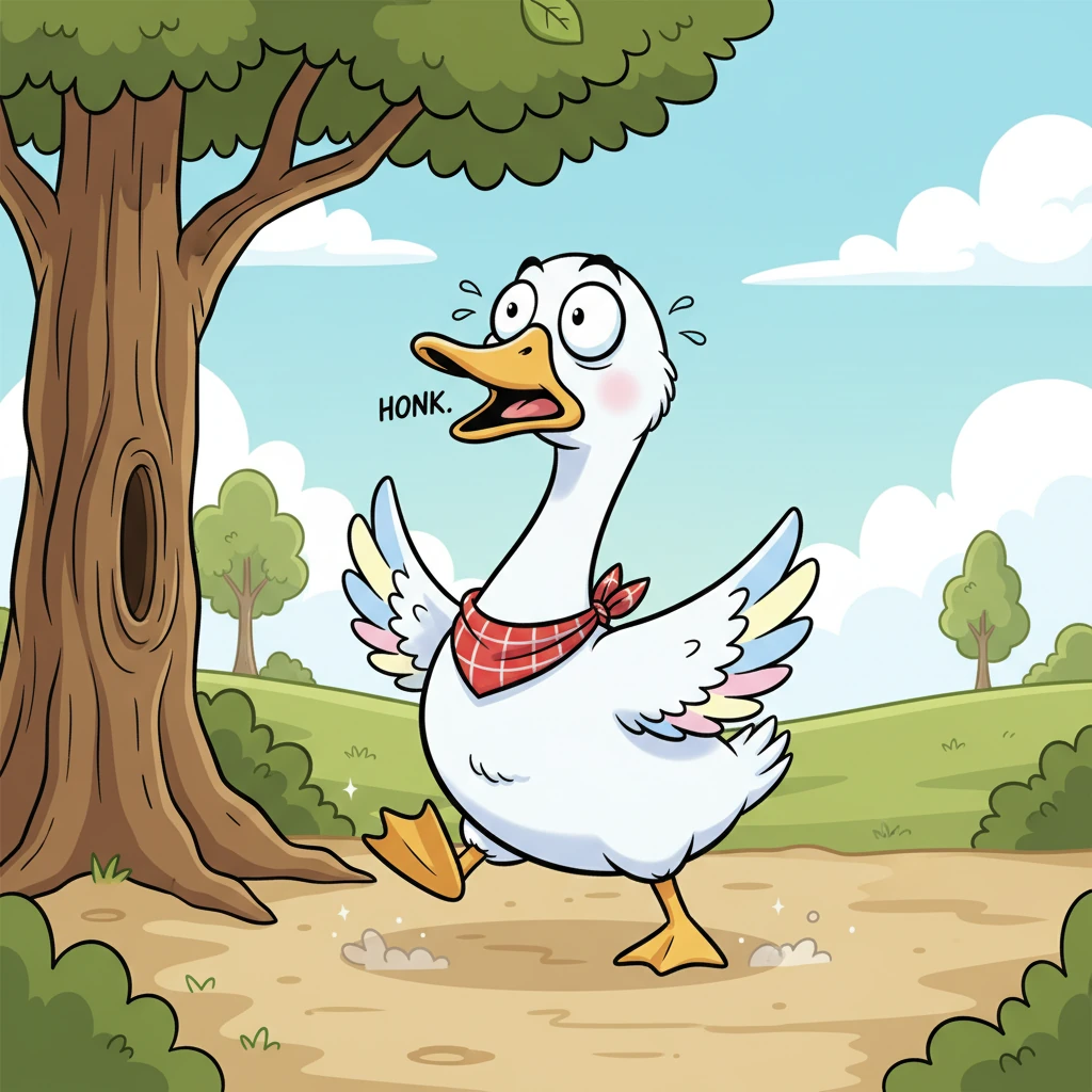 Goosey puffed out her chest, mimicking Rooster, but her breath came out as a shaky little honk. Her legs still twitched, and her eyes darted left and right. It was hard to be calm when her favorite, most sparkly button, the one she'd found near the old oak, was missing!