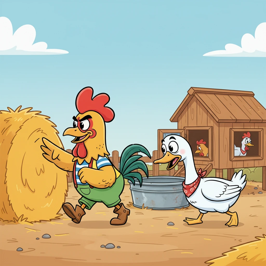 "Let's retrace your steps," Rooster suggested, leading the way with a confident stride. They peered under hay bales, peeked behind the watering trough, and even investigated the dusty corners of the chicken coop. Goosey tried her best to walk slowly, but her tail still wiggled with anticipation.