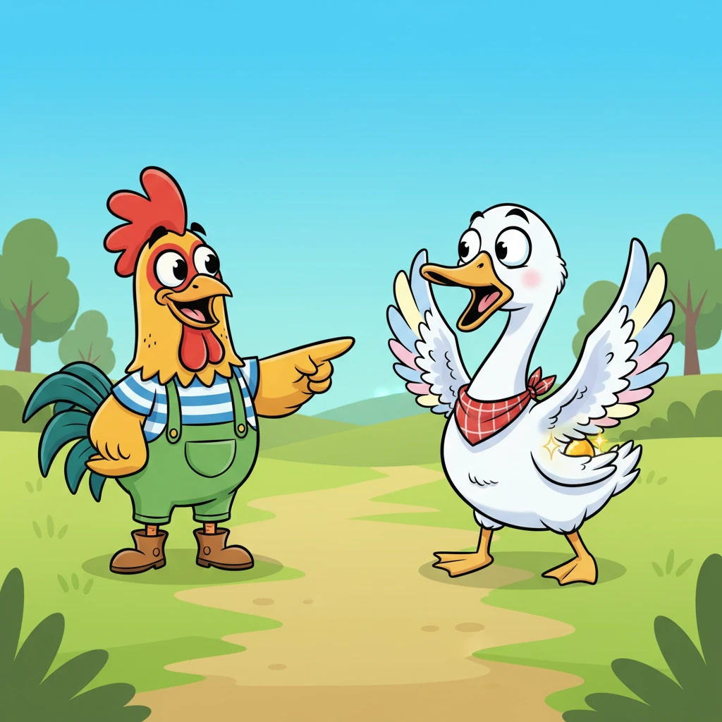Suddenly, Rooster let out a soft "Cluck-a-doodle-doo!" He pointed a wing towards a small, shiny glint peeking out from beneath Goosey's very own wing, where it had been tucked all along! Goosey looked down, her eyes growing wide with surprise and a little embarrassment.