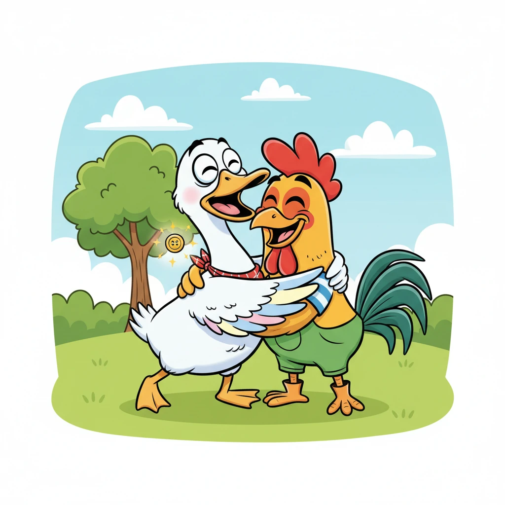 A wave of relief washed over Goosey. She carefully plucked the button out, its sparkle brighter than ever. "Oh, Rooster!" she honked, a happy, relieved sound this time. "It was here all along! Thank you, thank you, for helping me calm down." She gave him a big, feathery hug.