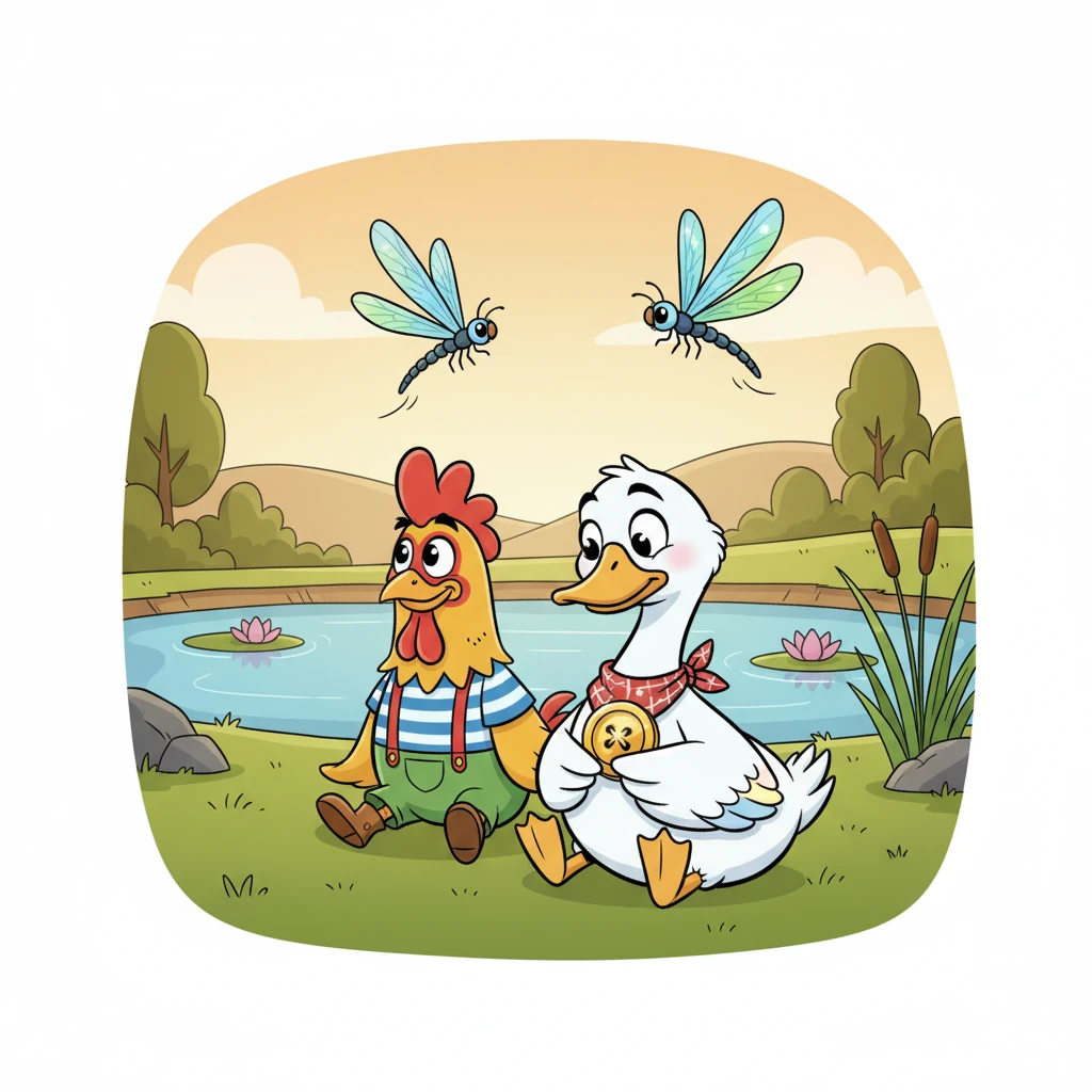 Later that day, Goosey sat peacefully by the pond, admiring her shiny button, now safely pinned to her scarf. Rooster McGee joined her, and they watched the dragonflies dance, enjoying the quiet calm of the afternoon. Their friendship felt even stronger, a testament to patience and a good heart.