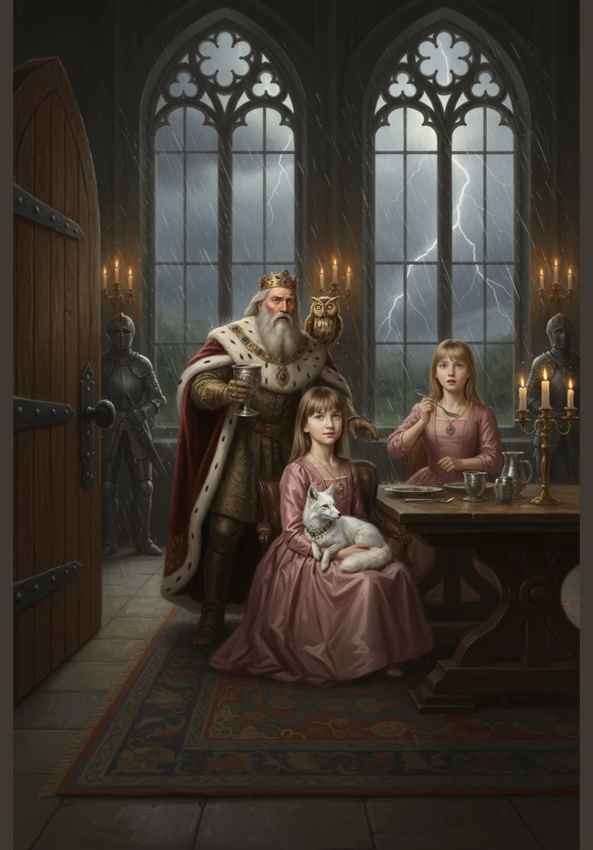 One dark and stormy evening, thunder shook the castle walls and rain lashed against the windows like tiny silver hammers. A sudden, persistent knocking echoed through the Great Hall, surprising the King and Queen during their quiet dinner.