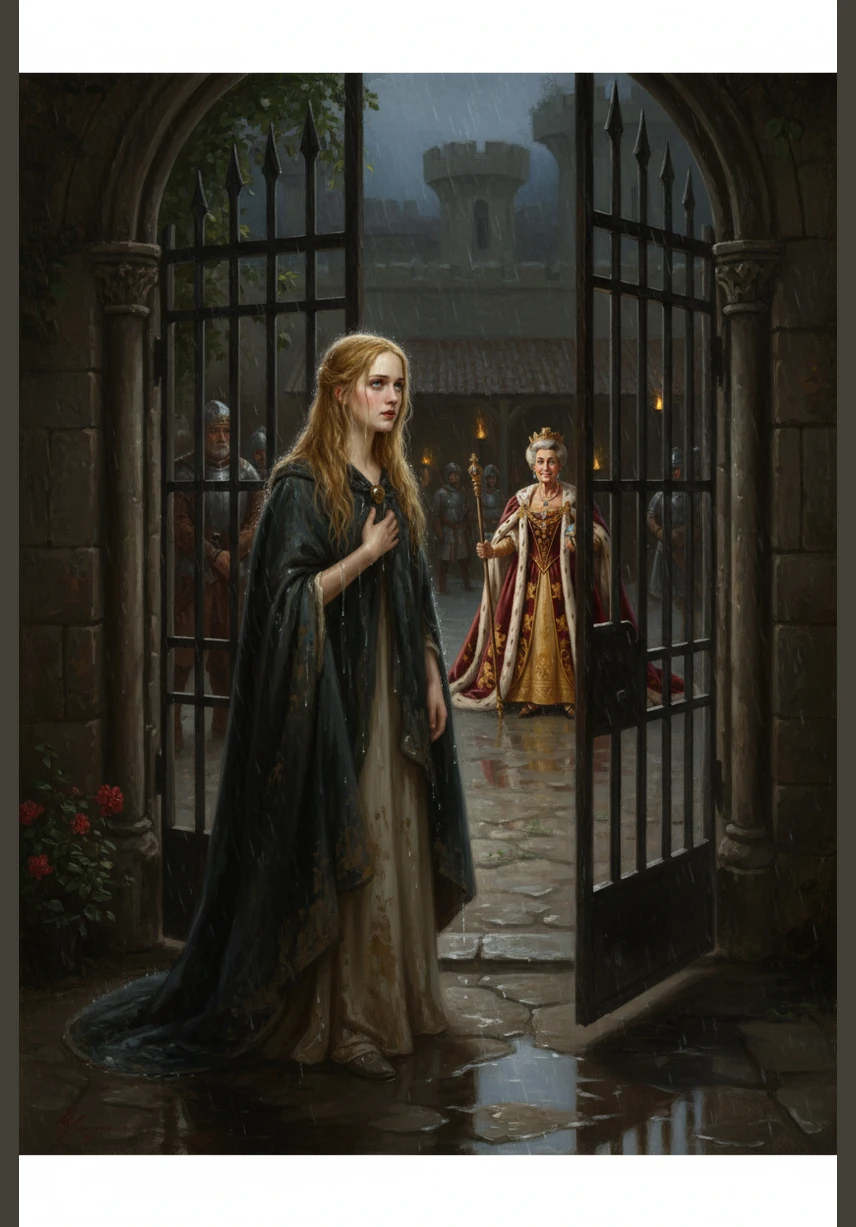 Standing at the gate was a young woman drenched from head to toe, her golden hair clinging to her pale cheeks and water streaming from her cloak. Despite her bedraggled appearance, she looked the King in the eye and claimed she was a true princess named Eva.