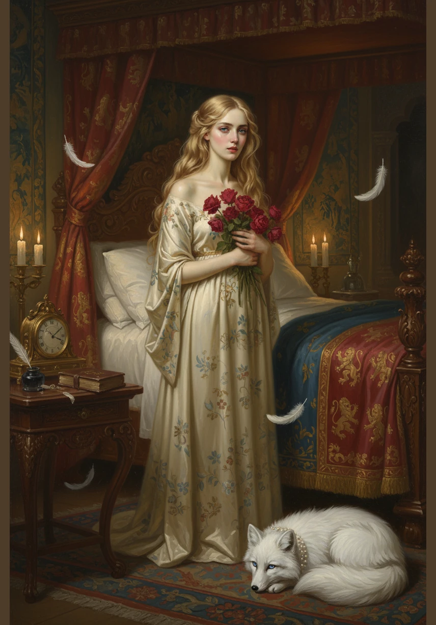 Eva had to use a tall wooden ladder just to reach the top of her towering bed for the night. She settled into the soft layers, feeling small against the vastness of the room, hoping for a peaceful rest after her long journey through the storm.