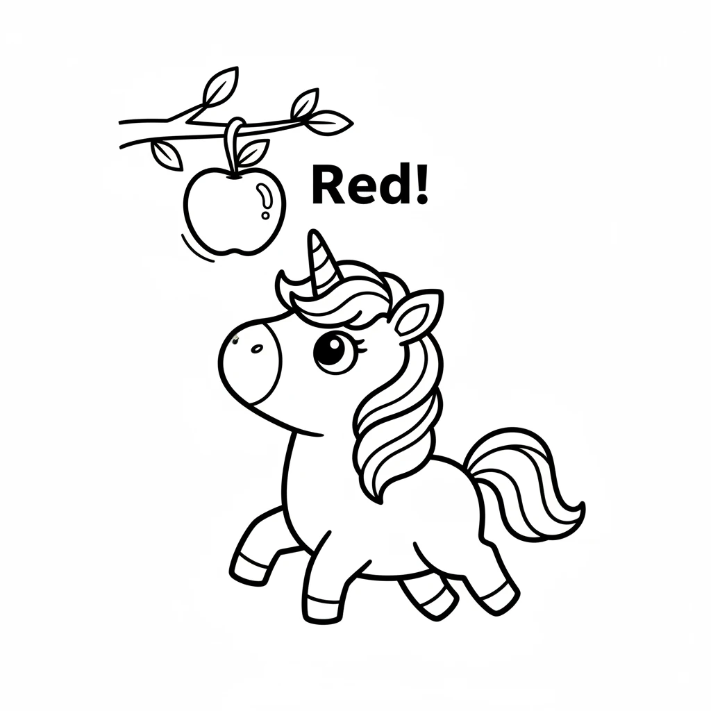 As Sparkle trotted along, a shiny round object caught her eye. It was a bright red apple, hanging invitingly from a leafy branch. 'Red!' she thought, marveling at its cheerful hue.