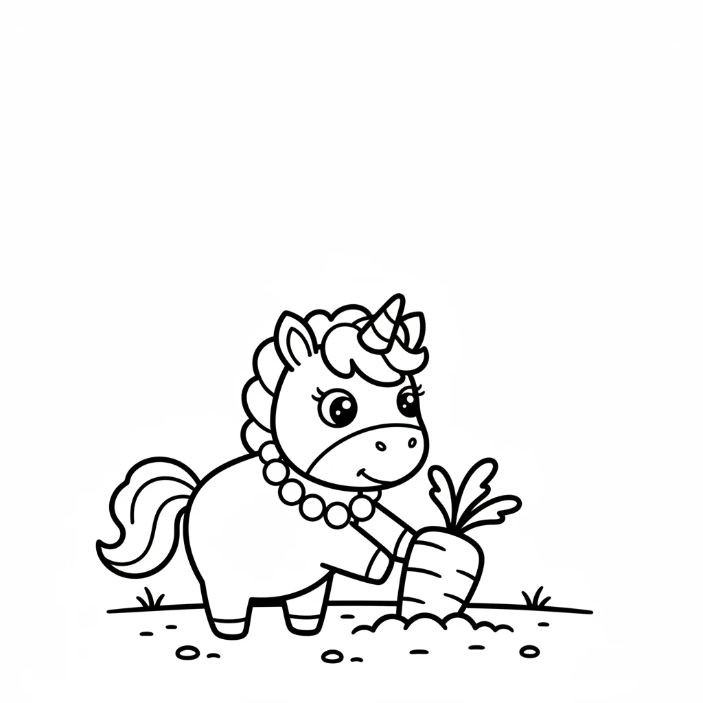 Further on, Sparkle saw something poking out of the ground. It was a crunchy, vibrant orange carrot, peeking from the green earth. 'Orange!' she whinnied softly, feeling a little hungry.