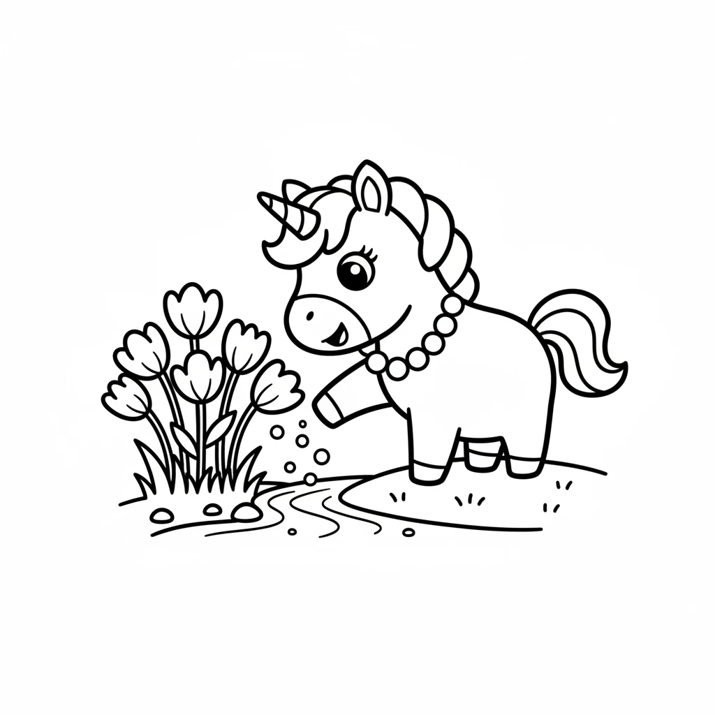 Near a bubbling stream, Sparkle spotted a cluster of lovely flowers. Their petals were a deep, rich purple, standing tall and proud. 'Purple!' she admired their royal shade.