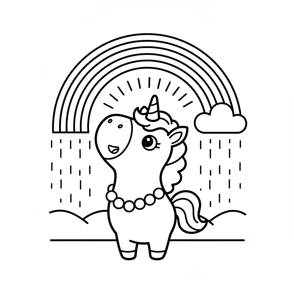 Suddenly, rain began to fall, but then the sun peeked out! Across the sky stretched a magnificent arch of many hues. 'A rainbow!' Sparkle gasped, seeing red, orange, yellow, green, blue, and purple all together.