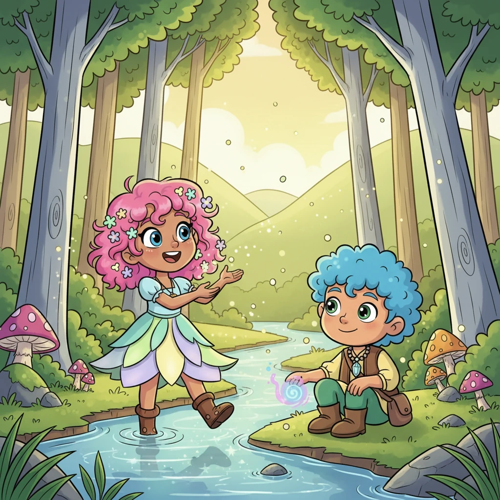 The Whispering Woods shimmered under a soft golden sunlight, its tall silver-barked trees reaching towards the sky. Glowing emerald leaves danced gently, and tiny particles of light floated in the air like sleepy fireflies. A sparkling clear river wound along the forest's edge, as rolling green hills embraced this magical place.