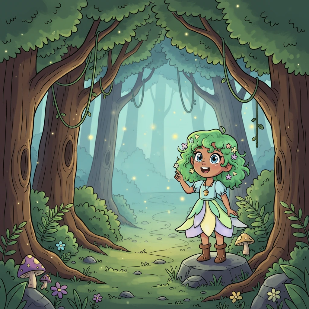 Little Willow, a curious sprite with twinkling eyes and a bright green tunic, stood at the forest's entrance, gazing in wonder. Willow loved the woods, always eager to discover its hidden secrets and meet its shy inhabitants. Today, a soft, inviting glow seemed to beckon from deeper within.