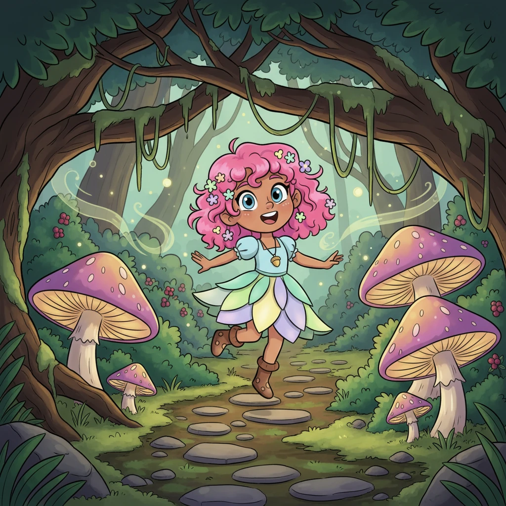 Following the faint shimmer, Willow skipped lightly over mossy stones and ducked under low-hanging branches. The air grew sweeter, filled with the scent of wild berries and damp earth. Giant, luminous mushrooms pulsed with gentle light, guiding Willow further along the winding path.