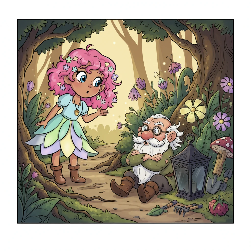 Around a bend, Willow found the source of the glow: a tiny, grumbling gnome whose magnificent lantern had mysteriously flickered out. The gnome sat cross-legged, puffing out his cheeks in frustration, surrounded by his gardening tools.
