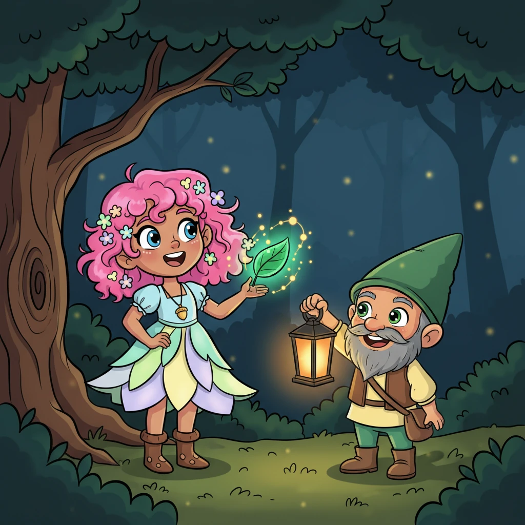 With a cheerful grin, Willow offered a glowing emerald leaf from a nearby tree. The leaf, imbued with forest magic, instantly reignited the gnome's lantern with a warm, steady light. The gnome's grumpy face transformed into a wide, grateful smile.