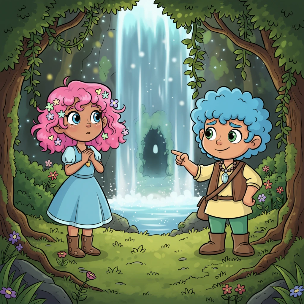 To thank Willow, the gnome pointed a knobbly finger towards a shimmering waterfall hidden behind a curtain of ivy. He whispered of a secret grotto, telling Willow that only those with a kind heart could find the way.