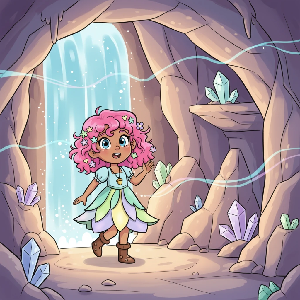 Willow bravely stepped through the sparkling cascade, emerging into a breathtaking grotto carved from smooth, glistening rock. Crystal formations sparkled like diamonds, reflecting the soft light from the entrance. The air hummed with a gentle, mystical energy.