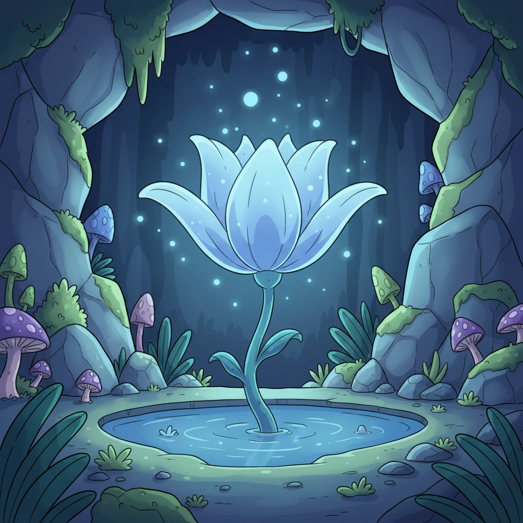 In the center of the grotto, a magnificent flower, unlike any Willow had ever seen, stood proudly. It was the legendary Moonpetal, its delicate petals glowing with an ethereal blue light, slowly unfurling in the magical atmosphere.