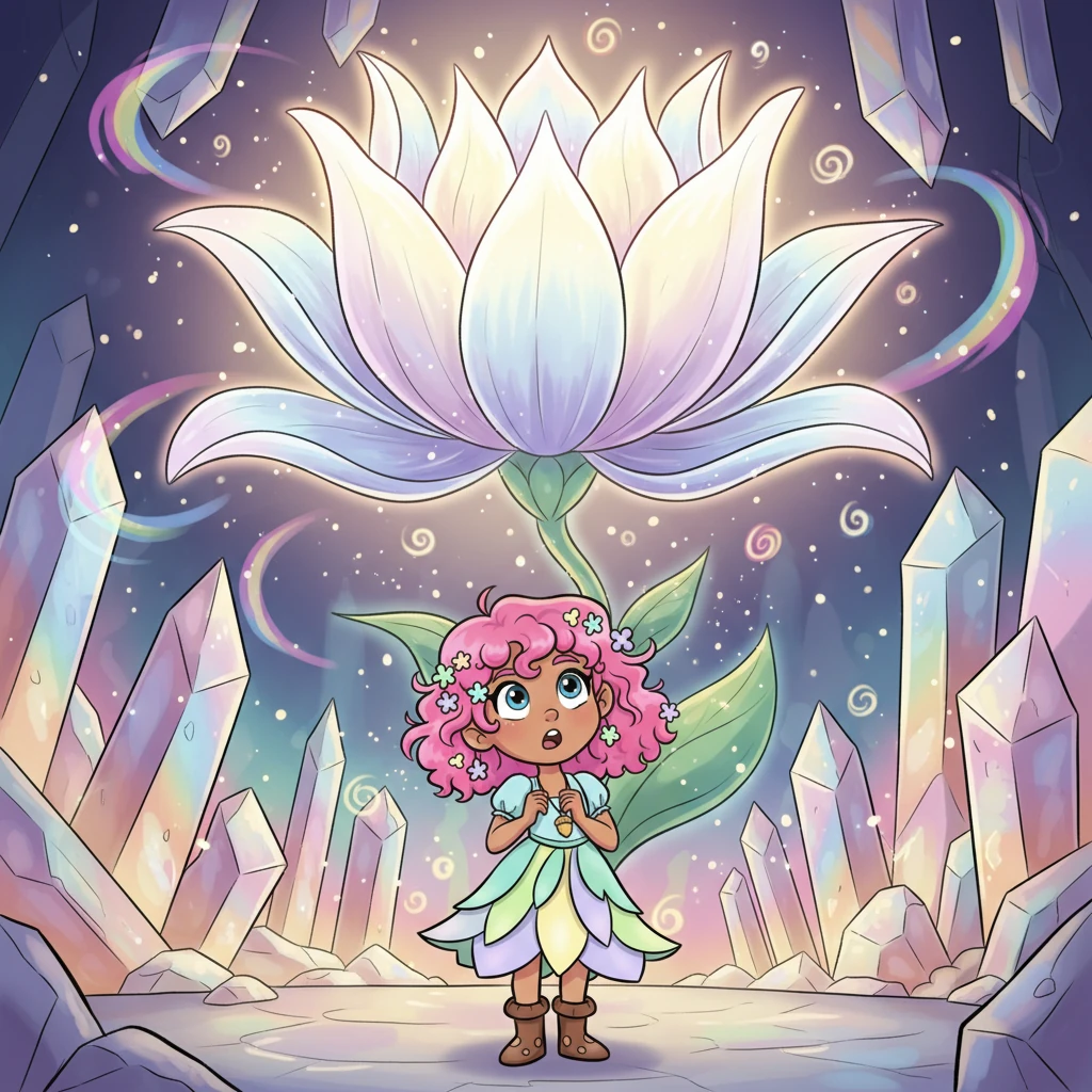 Willow watched, mesmerized, as the Moonpetal fully bloomed, bathing the entire grotto in a soft, pulsating radiance. The light danced on the crystal walls, creating a dazzling display of color and wonder. It was a moment of pure, silent magic.