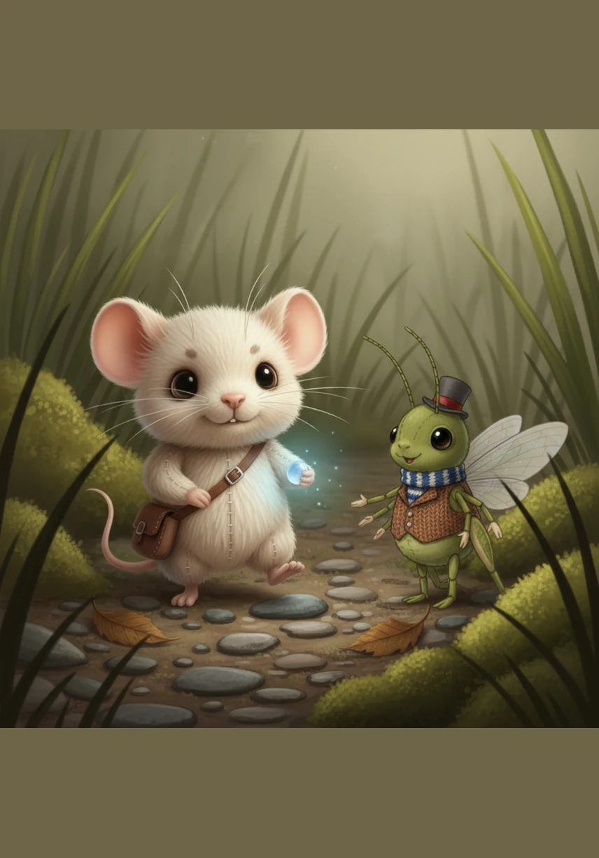 He pulled a small, luminous moonstone from his satchel, which cast a soft, shimmering blue light around his trembling paws. This tiny spark of light gave him just enough strength to take his very first step into the unknown.