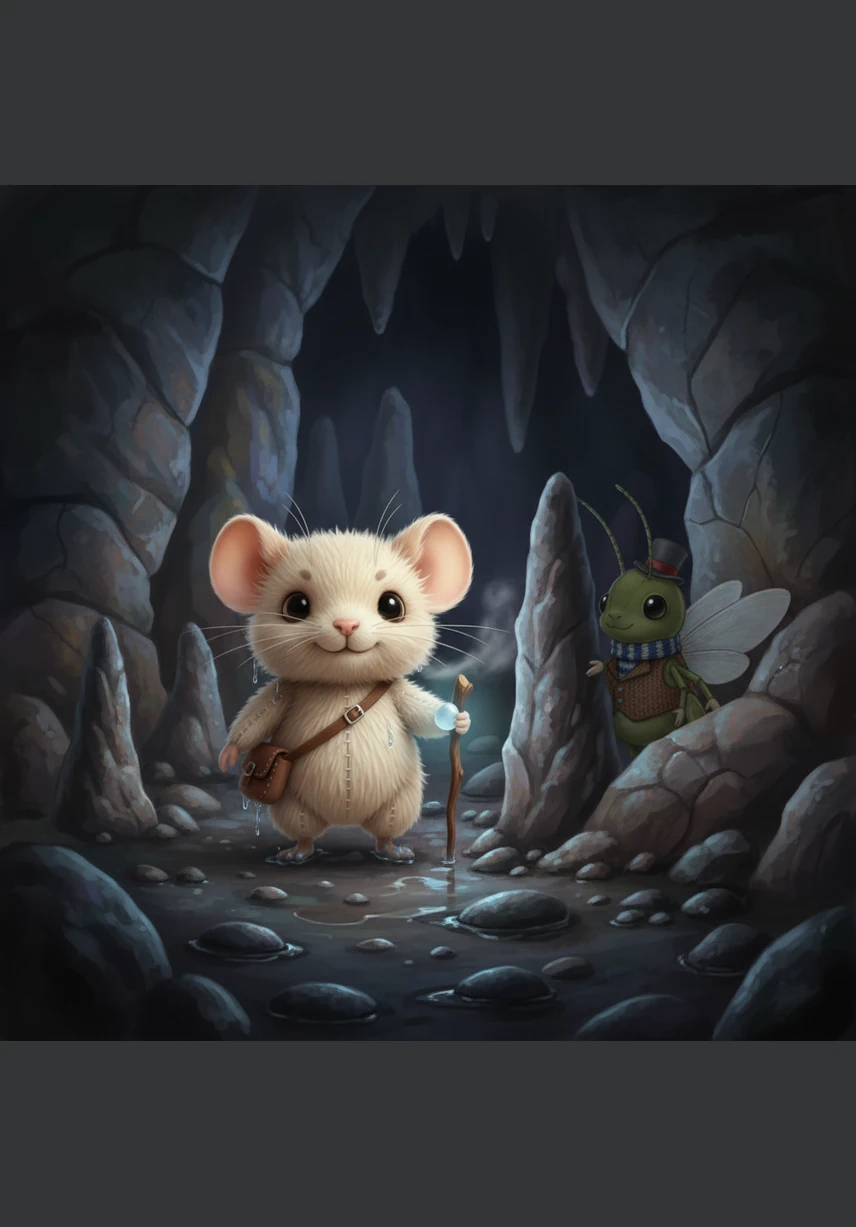 As he crept deeper into the cavern, the air grew cool and the ground felt damp beneath his feet. He realized the scary shapes on the walls were just ancient rocks and stalagmites, standing still and harmless in the gloom.