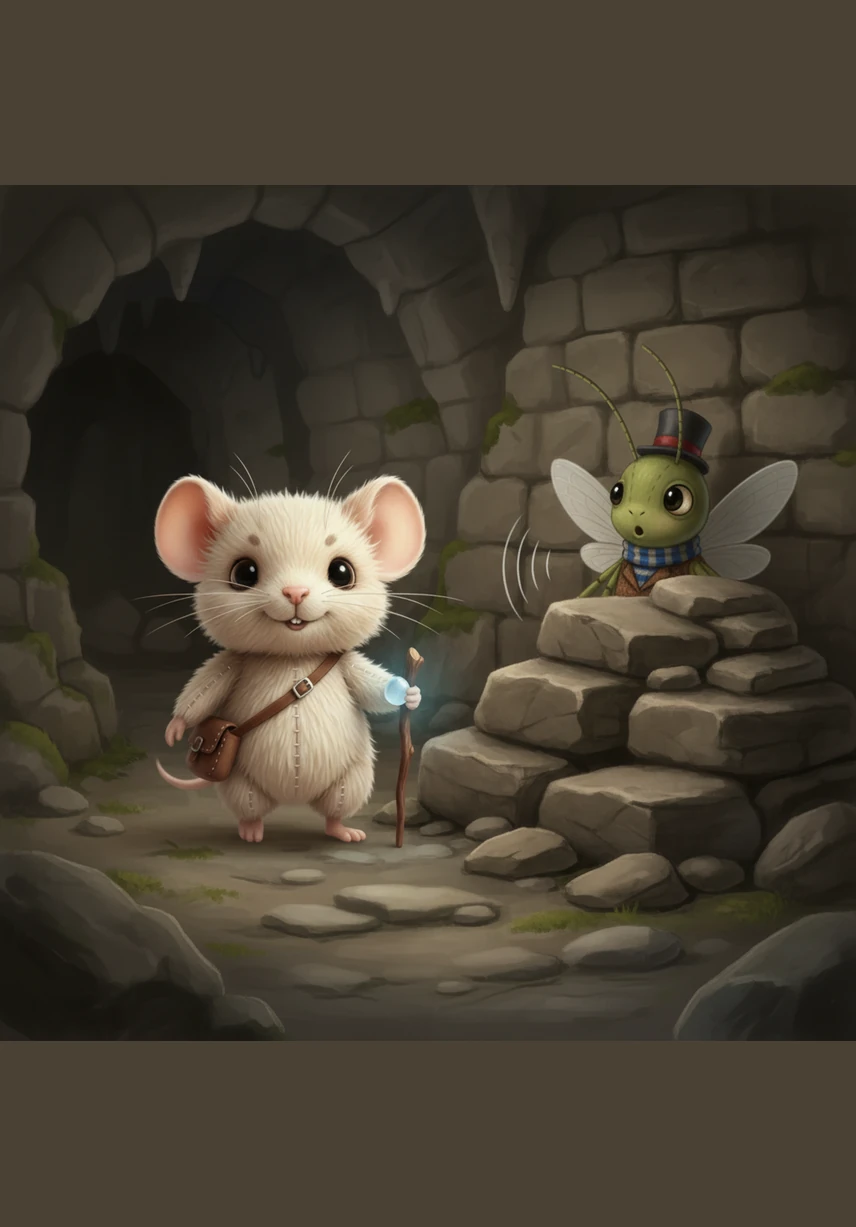 Finally, Pip heard a faint, rhythmic chirping coming from behind a heavy pile of fallen stones near the back of the cave. He hurried forward, his moonstone illuminating the path as he called out his friend's name.